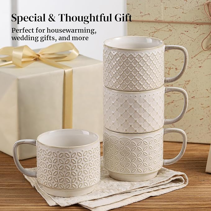 DOWAN 12oz Coffee Mugs Set of 4, Ceramic Coffee Mugs, Stackable Cappuccino Cups, Microwave Safe and Large Handle, Office and Home Use