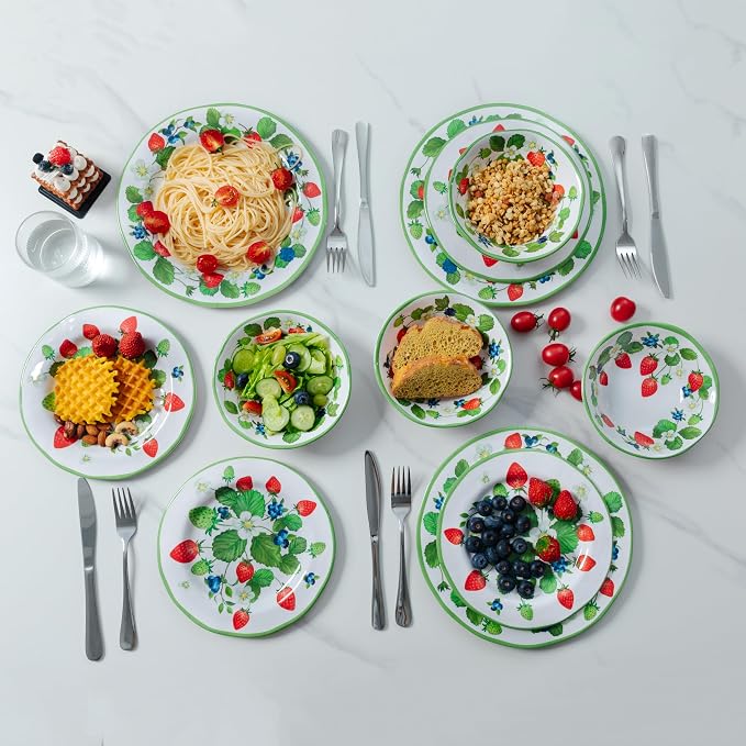 LEHAHA Strawberry Melamine Dinnerware Sets-12pcs Plates and Bowls Set, Lightweight/Unbreakable Camping Dishes Set for 4, Cute Kitchen Dinner Set for Indoor Outdoor Use