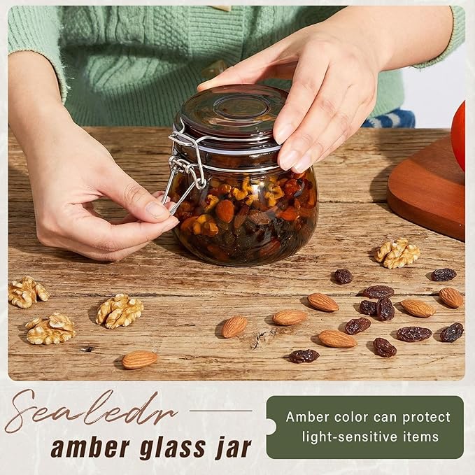 Norme 6 Pack 16oz Amber Airtight Glass Jars with Lids, Round Food Storage Container Airtight Food Wire Clip Fastening for Sauerkraut Flour Kitchen Sugar Cereal Kitchen Canning Pickling Mason Jars