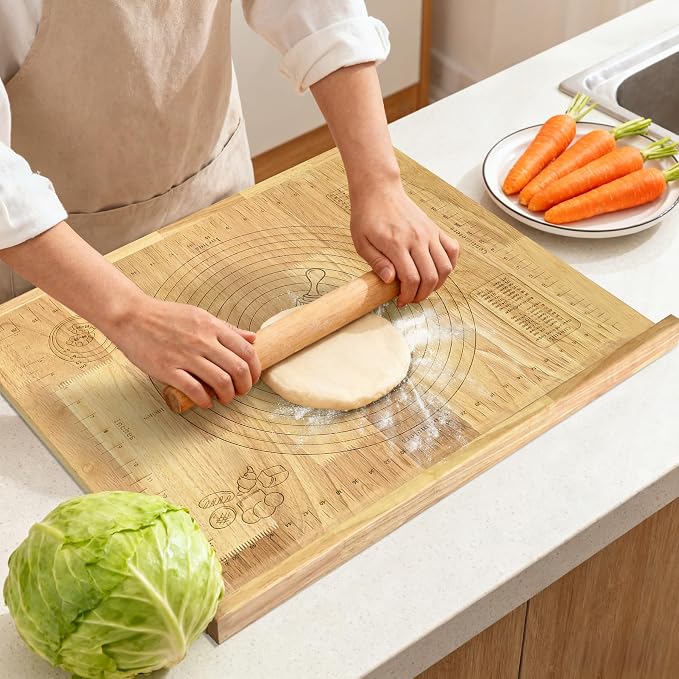 Wooden Pastry Board with Measurement 24'' x 20" Reversible Kneading Board with Side Lip and Engraved Ruler Bread Cutting Boards for Rolling Dough Baking Counter Top Kitchen (Natural)