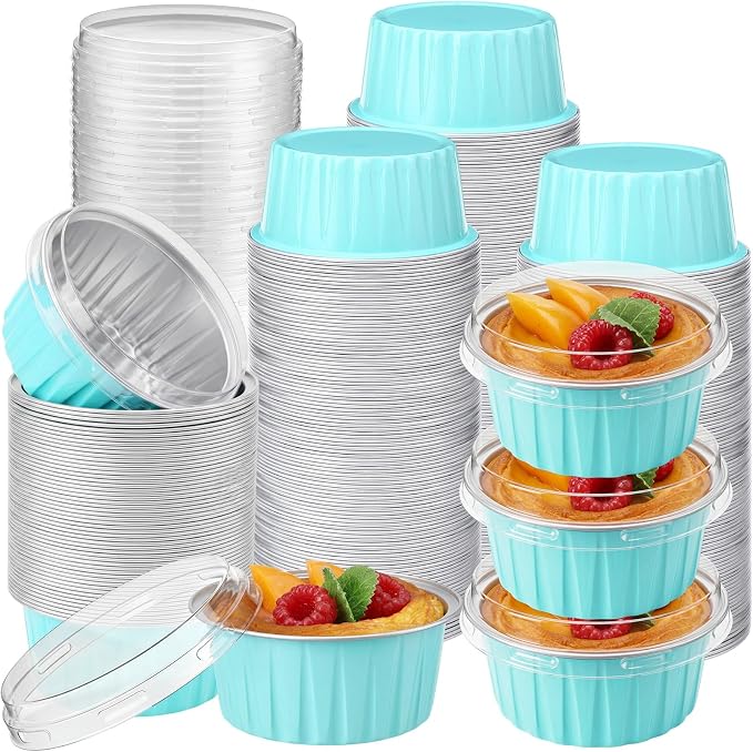 Gejoy 400 Pcs Aluminum Foil Baking Cups with Lids 5 oz Disposable Ramekins Mini Cake Pans Creme Brulee Cupcake Liners Muffin Dessert Container for Wedding Birthday Party (Elegant,Blue Color)