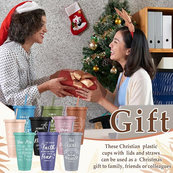 Feifeiya 72 Pcs/ 24 Set Christian Gifts Bulk 24 oz Bible Verse Plastic Tumbler with Lids and Straws Inspirational Prayer Notepads Religious Pen Church Cups Gift for Christian Christmas Party Favors
