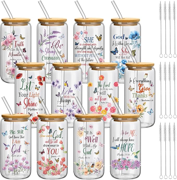 Teenyyou 12 Set of Christian Gifts for Women Bible Verse Glasses Tumbler with Bamboo Lid and Glass Straw 16oz Inspirational Religious Coffee Cup for Back to School Teacher Appreciation Gifts