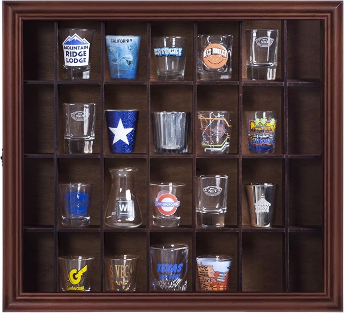 Gallery Solutions - 18x16 Shot Glass Collection - Walnut Collectable Display Case - Hinged Front - 28 Display Slots for Shot Glasses - Bar, Home, Office Accessories