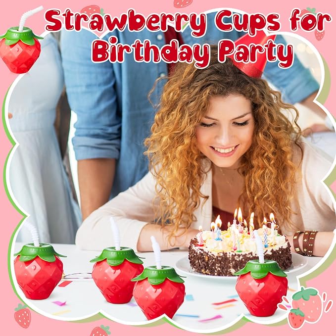 Havawish 24 Pcs 17oz Strawberry Shaped Cups with Lids and Straws, Reusable Spill Resistant Plastic Cute Drinking Cups Strawberry Water Bottles for Birthday Party Summer Gathering Girl Women Daily Use