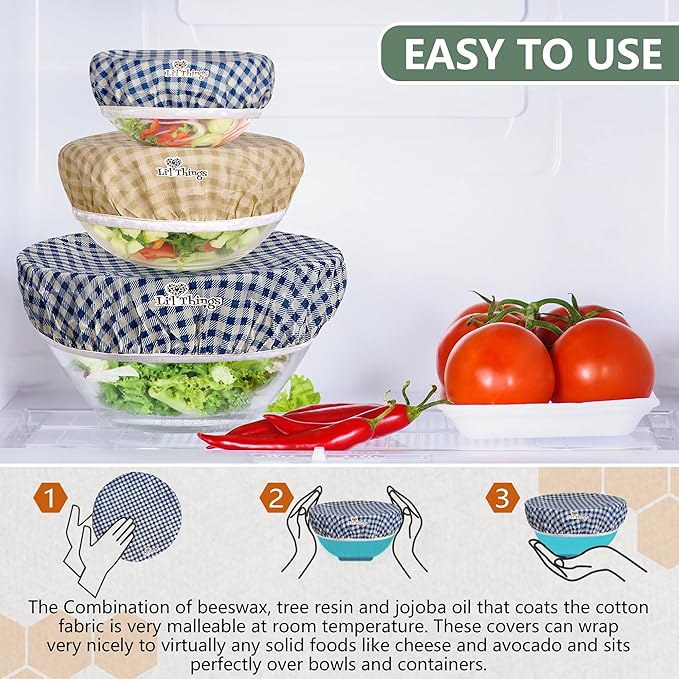 Beeswax Bowl Covers Set of 5 (XS–XL) – Reusable Elastic Food Covers for Bowls – Organic Cotton with Beeswax, Washable & Plastic-Free | Li’l Things – Checkered Plaid