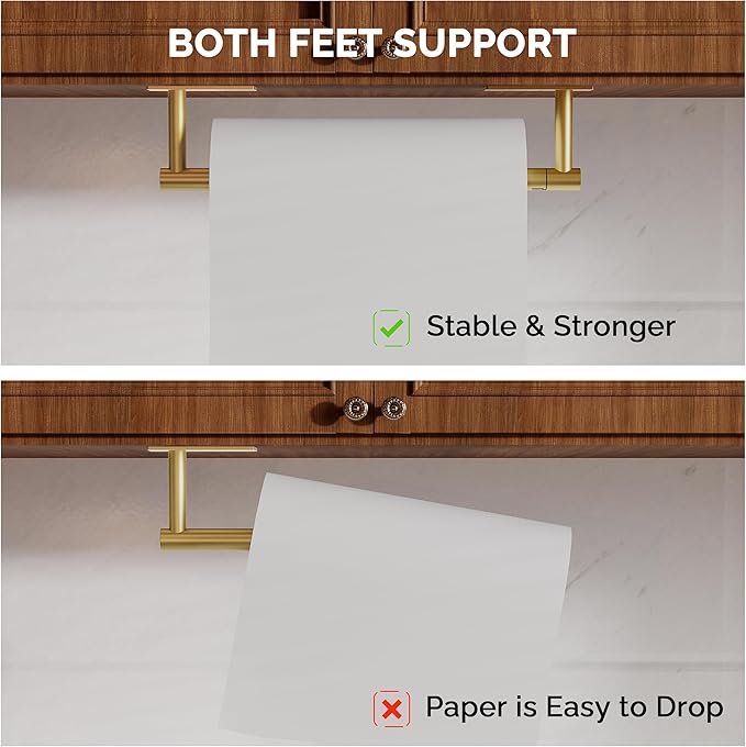 Paper Towel Holder Under Cabinet, Self Adhesive or Wall Mounted SUS304 Stainless Steel Paper Towel Holder for Kitchen, Bathroom, Farmhouse, Barbecue and Laundry (Brushed Gold)