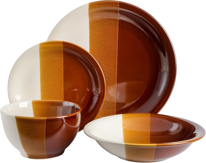 Gibson Elite Autumn Canopy Stoneware Double Bowl Plates and Bowls Dinnerware Set, Service for 4 (16pcs)