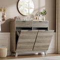 Double Tilt Out Laundry Hamper Cabinet, 20 Gallon Wooden Trash Can Cabinet with Drawers, Hidden Fluted Bathroom Storage Cabinet for Kitchen, Living Room (Wood Grey, 39.34"W x 35.83"H x 13"D)