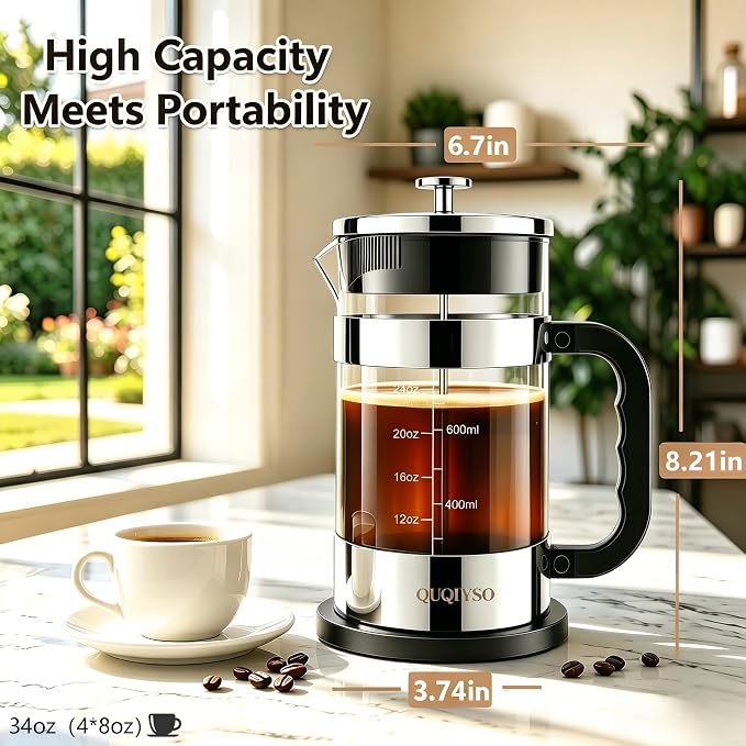 QUQIYSO French Press Coffee Maker, 2.5mm Thick Borosilicate Glass, 4 Layer Stainless Steel Filter, BPA Free Cold Brew Coffee Maker & Teapot, Durable Coffee Press for Home, Travel, 34oz, Silver