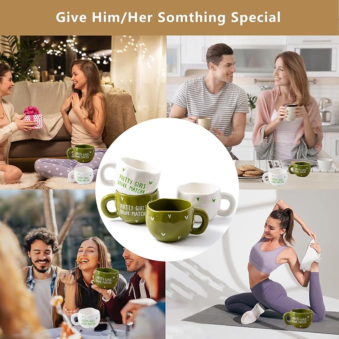 4pcs Ceramic Coffee Cups, 9.4OZ Cute Matcha Cup Set, Green & White, Dishwasher Safe Green Tea Mugs, Pretty Girls Collection