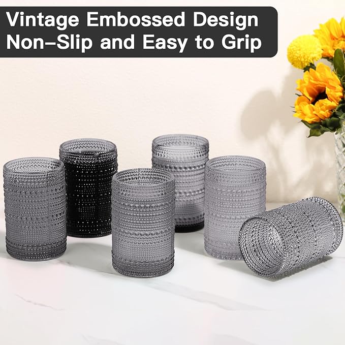 JOVGANK Grey Vintage Hobnail Drinking Glasses Set of 6, Embossed Water Tumbler 15oz, Kitchen & Bar Beaded Highball Glasses, Beverage Glass Cups for Water, Beer, Juice, Housewarming Gift
