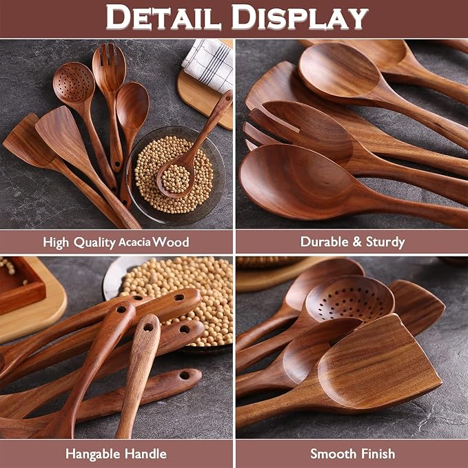 6-Piece Teak Wood Cooking Utensil Set, Wooden Spoons for Cooking | Durable, Non Toxic, Non-Stick, Smooth Finish, Easy to Clean, Comfort Grip, House Warming Gift