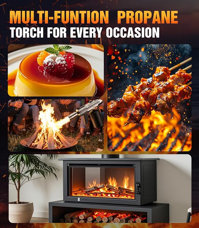 Powerful Propane Torch Gun, Kitchen cooking Torch lighter with Adjustable Flame, Flame Thrower Gun Butane Torch for Searing Steak, BBQ, Campfire, Fireplace (Tank Not Included)(Grey)