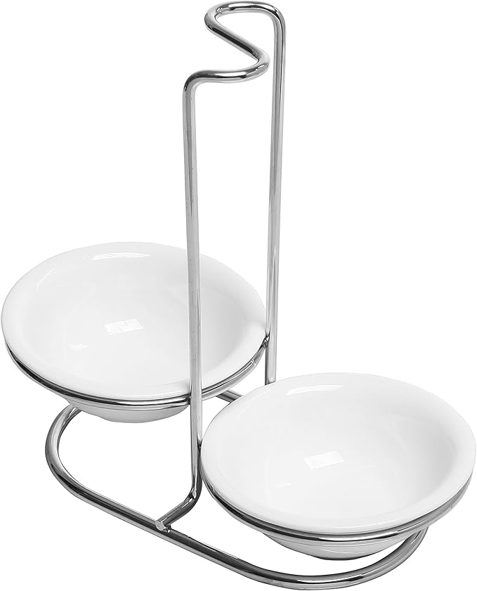 MyGift Set of 2 Ceramic Spoon Rest, Upright Ladle Holder Ceramic Dish with Silver Stainless Steel Rack