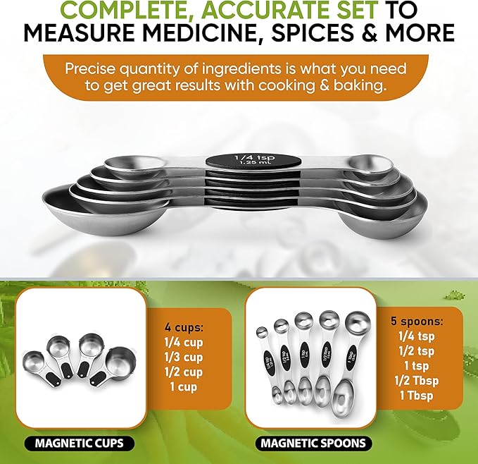 Spring Chef Stainless Steel Magnetic Measuring Cups & Spoons, Set of 9 & Swivel Vegetable Y Peeler with Sharp Blades, Set of 2-4 Product Bundle - Black