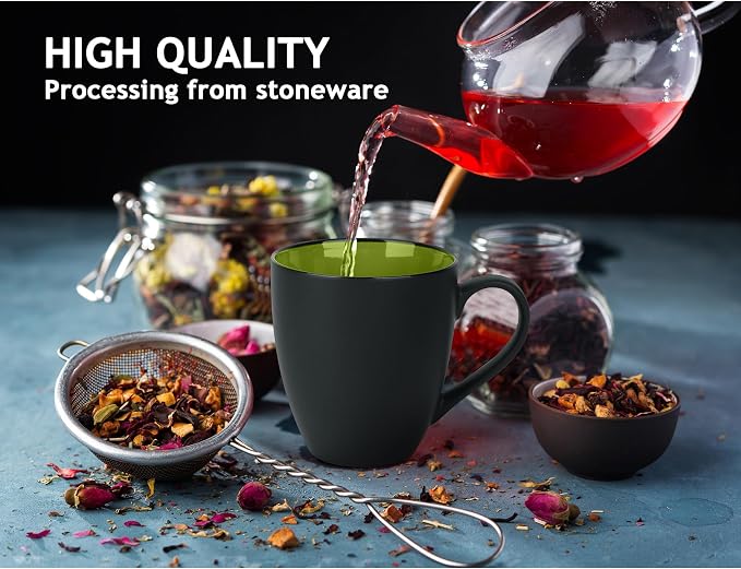 MIAMIO - Set of 6 Stoneware Coffee Mugs 12 Ounce/Cup Set - Le Papillon Collection (Black-Green)