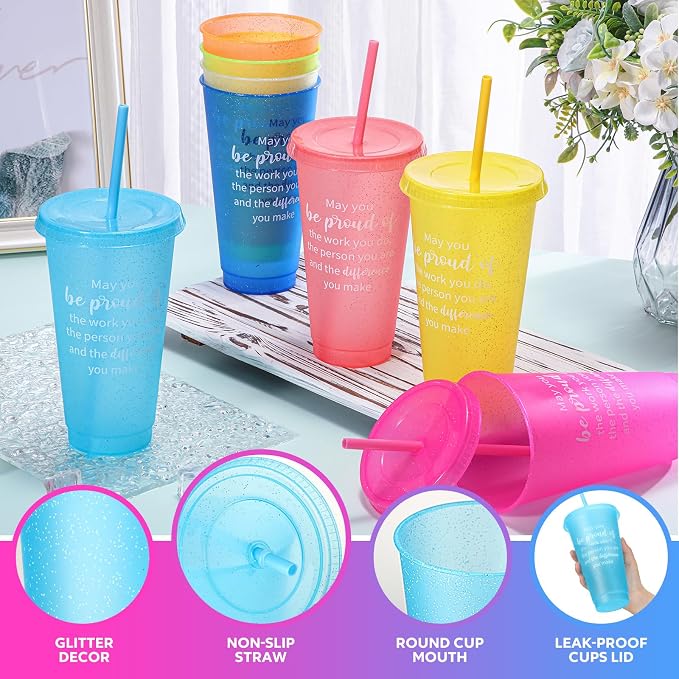 Dandat 24 Pcs Employee Appreciation Gifts Bulk 24 oz Thank You Cups Gift for Nurse Coworker Team Staff Teacher Inspirational Plastic Tumblers with Lids Straws (Bright Color)