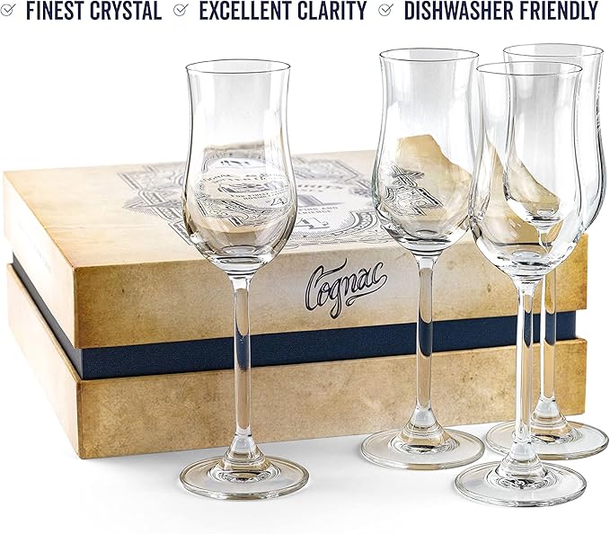 GLASSIQUE CADEAU Cognac, Brandy, Tequila and Dessert Wine Snifter Glasses | Set of 4 Small Tasting Tulip Copitas for Sipping Spirits, Madeira, After Dinner Drinks