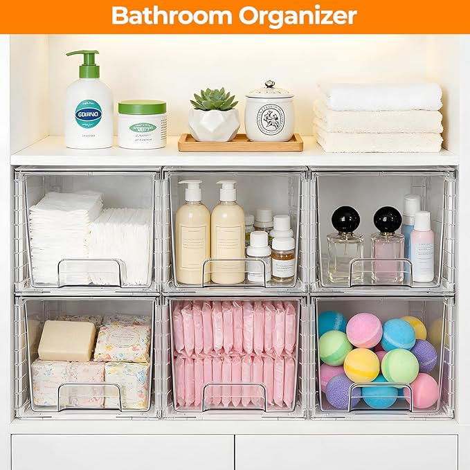 4 Pack Stackable Acrylic Storage Drawers – Clear Plastic Organizer Bins, Easy to Assemble, Suitable for Bathroom, Undersink, Kitchen, Pantry, Makeup, Medicine Organization