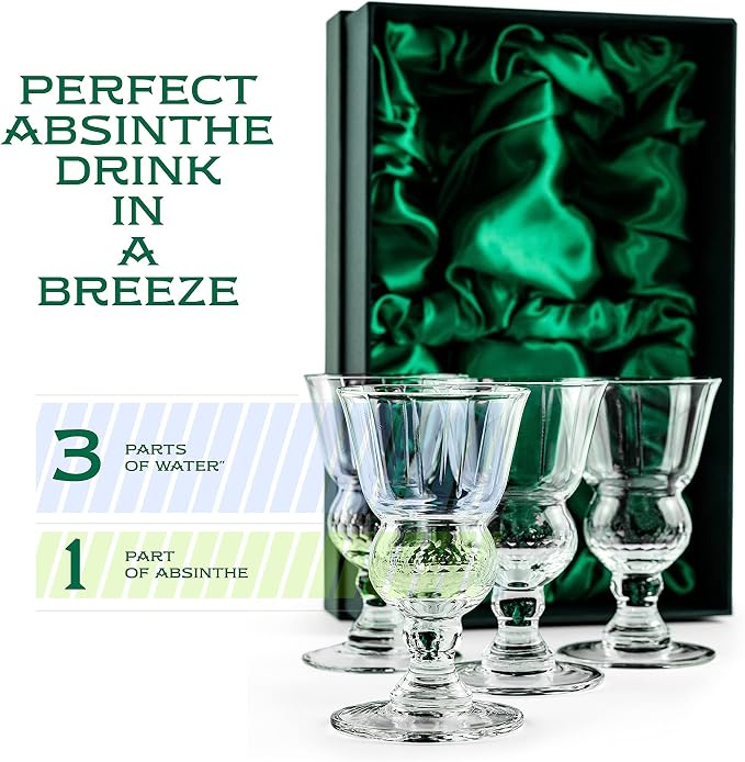 Vintage Crystal Absinthe, Sambuca, Raki, Pastis, Ouzo Glasses | Set of 4 | Short Stemmed 6.5 oz Goblets with Bubble Reservoir for Drinking Green Fairy | Handblown Small Wine Bistro Glassware