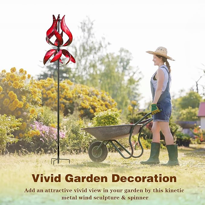 Large Garden Wind Spinner - Tulip Outdoor Yard Wind Sculptures & Spinners, Garden Decor Gift Ideas for Mother, Birthday, Housewarming (Dia19 x H87”)