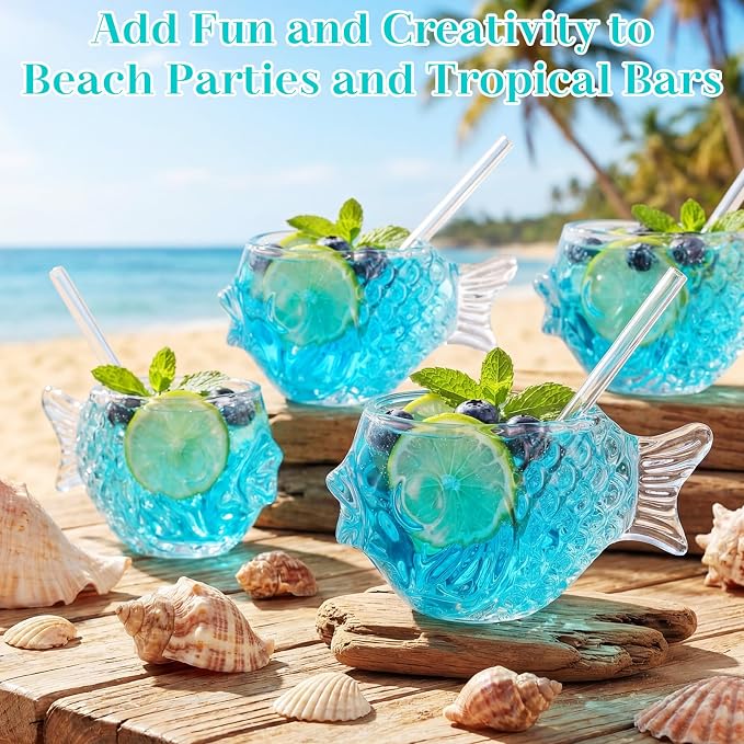 4 Set Fish Tiki Glasses, 11.8 oz Creative Fish Cocktail Glasses with Straws Clear Funny Whiskey Drinks Tumbler Unique Wine Mugs for Ocean Themed Bars Beach Party Wedding Home Decor