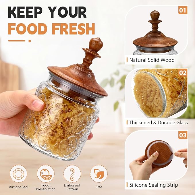 Suclain 6 Pack 17 Oz Vintage Glass Jars with Wooden Crown Lids, Decorative Jars with Begonia Pattern, Airtight Glass Food Storage Containers for Tea Coffee Spice Pantry Organization