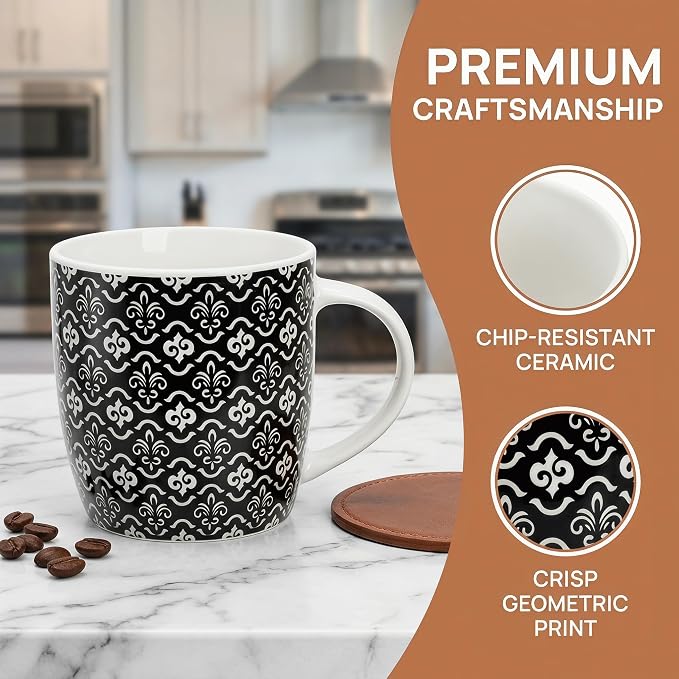 Okllen 6 Pack 11.5 Oz Coffee Mugs Geometric Textured, Ceramic Coffee Mugs Stylish Tea Cup Mugs Set Gift for Latte, Cappuccino, Milk, Water, Cocoa, Cereal, Black and White