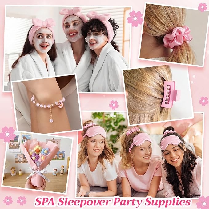 Vesici 73 Pcs Spa Sleepover Party Supplies Bulk Women 8 Sets Slumber Birthday Bridesmaid Gift Crochet Flower Glass Cup Eye Mask Hair Ties Gift Bag Bracelets Scrunchies Headband(Cherry Blossoms,Pink)