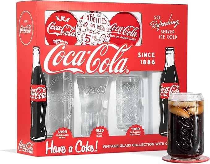 Coca-Cola Set of 3 Different Vintage Style Coke Glasses With Coasters Gift Set