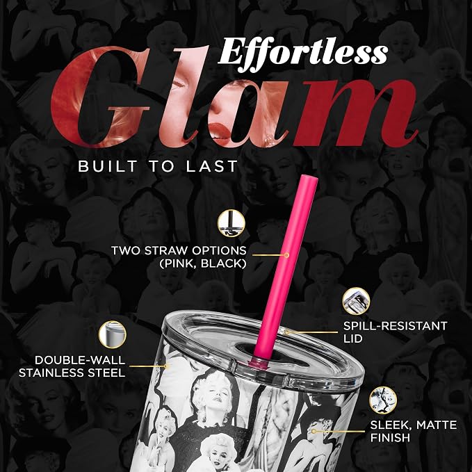 Dragon Glassware x Marilyn Monroe Tumbler with Straw & Lid, 24 oz | Vacuum Insulated Stainless Steel Tumbler with Straw & Lid; Double Walled Tumbler with Straw Charm; Marilyn Monroe Cup