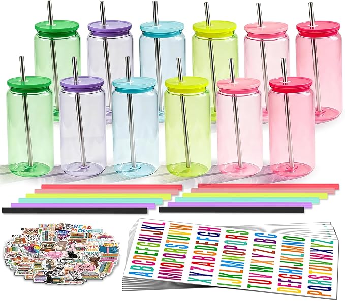 16oz Acrylic Mason Jars Cups, 12 Pack Can shaped Plastic Cups with Lids and Straws, Iced Coffee Cup Cute Drinking Glass Unbreakable Tumbler for Whiskey, Soda, Iced Tea, Colored