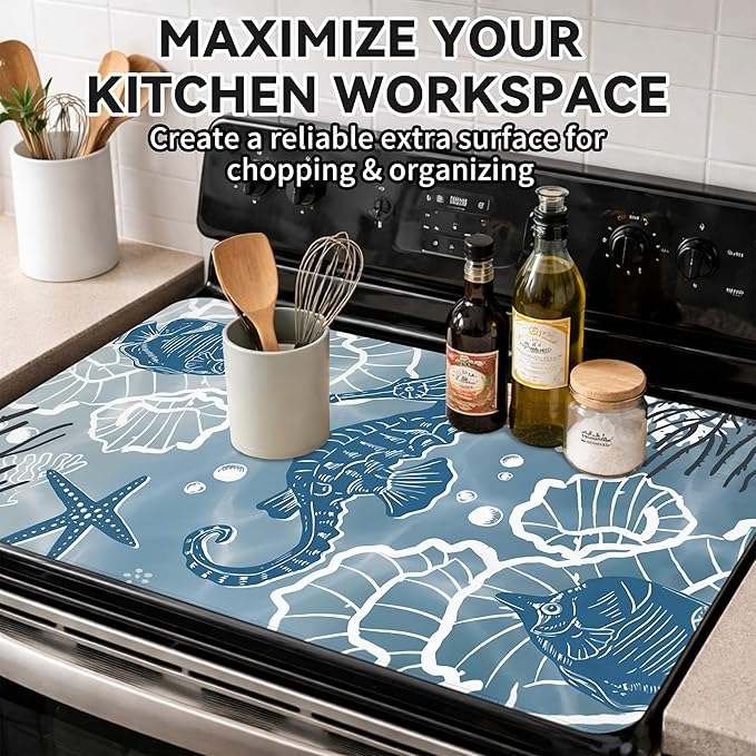 Decorative Stove Top Covers for Electric Stove 28"x20" – Heat Resistant Glass Cooktop Protector Dish Drying Mat – Non-Slip Rubber Backing Washer Top Cover Waterproof Extra Counter Space (Ocean 2)