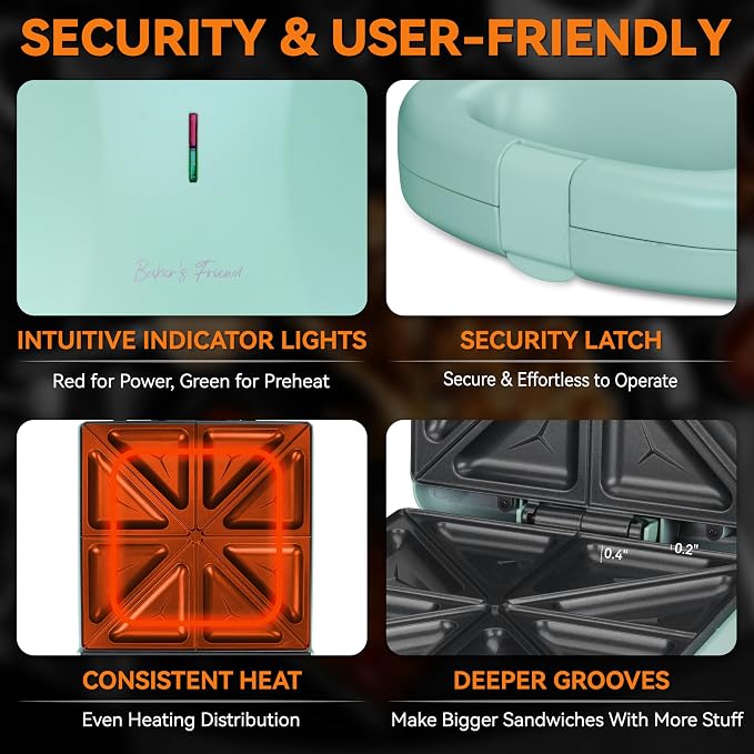 Baker’s Friend Breakfast Sandwich Maker, 4 Slices of Panini Grill Press Sandwich Maker, Electric Sandwich Maker with Indicator Light, Grill Cheese & Egg Muffin Sandwich Maker, Aqua