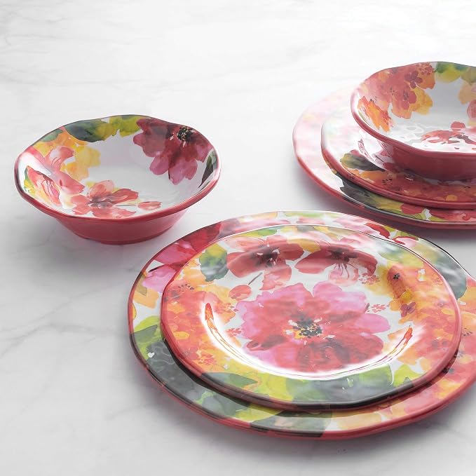 UPware 12 Piece Pink Floral Melamine Dinnerware Sets, Outdoor Dishes Set, Plates and Bowls Sets, Service for 4, Multicolor