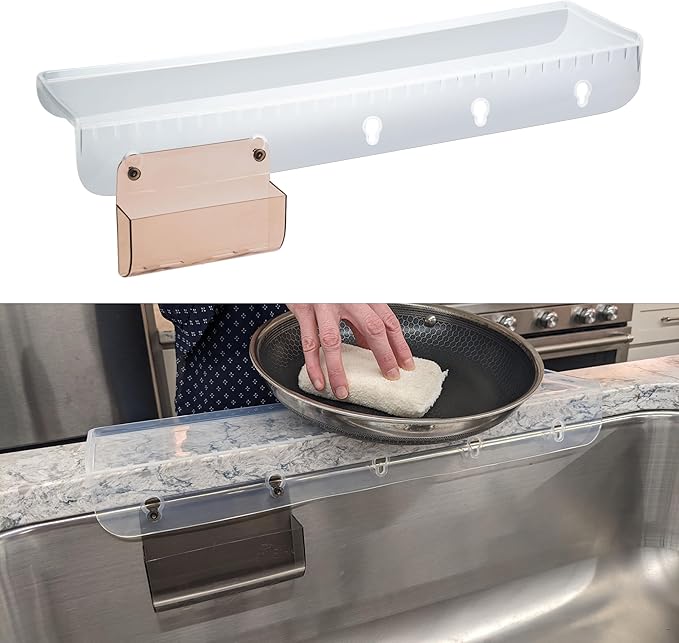 SiliProducts SiliSink XL Silicone Edge Guard for Kitchen Sink - Fits 3.75” - 4” Wide - The Original Silicone Sink Edge Protector with Sponge Caddy - Splash Guard, 20” Clear Diamond