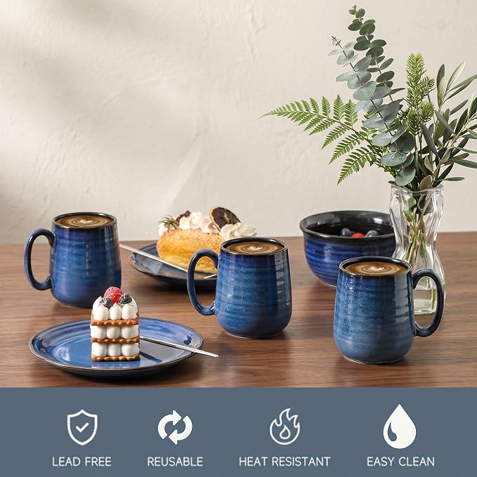Coffee Mugs, 15 Ounce Ceramic Coffee Mug Set of 6, Reactive Glaze Tea Cups with Handle for Milk, Hot Cocos, Latte, Cappuccino, Blue Cup Gift for Man and Women, Dishwasher and Microwave Safe