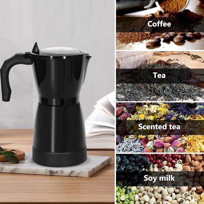Coffee Pot Electric Espresso Coffe Maker, 300ml 6 Cups Aluminum Moka Pot with Overheat Protection and Detachable Base, Portable Italian Moka Maker, 450W, Black