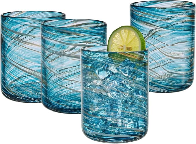 Mikasa Color Swirl Rocks Double Old Fashioned Glasses, Set of 4, Blue