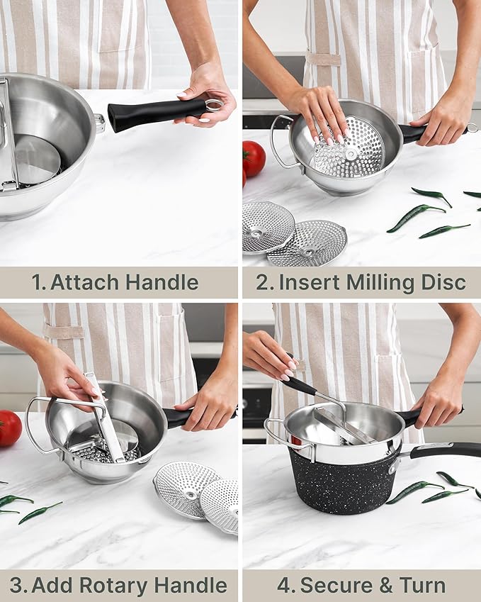 Compact Stainless Steel Food Mill with 3 Discs – Ergonomic Rotary Hand Crank with Removable Handles for Tomato Sauce, Applesauce, Baby Food, Mashed Potatoes & Puree
