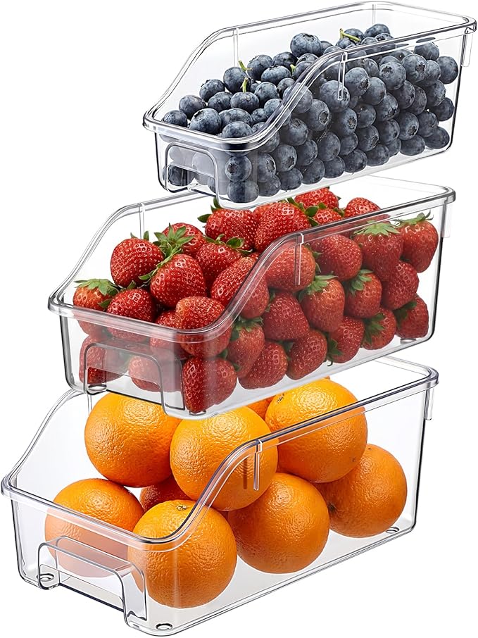 LemonRoad 3 Packs Clear Freezer Organizer Bins with Handle Pantry Vegetable Organizers and Storage Stackable Open Front Fridge Storage Egg Salad Containers for Kitchen Refrigerator Cabinet Closet