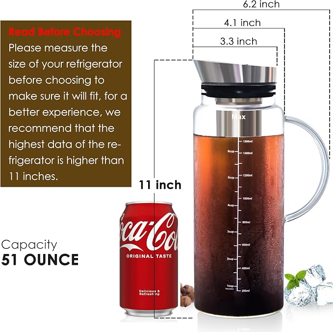 Aquach 51oz Cold Brew Coffee Maker, Borosilicate Glass Pitcher for Iced Tea | Dishwasher Safe, Family Size, Up to 2 Weeks Fresh Aroma, Refrigerator Fit, 304 Stainless Filter