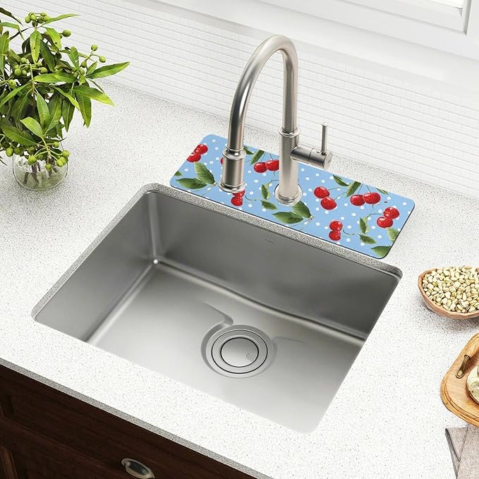 Kitchen Sink Splash Guard 1 PC 14.7 Inch Sink Faucet Mat Splash Guard for Bathroom Countertop Water Absorbent Foldable Cuttable Soft Washable Light Blue Dots Red Cherry