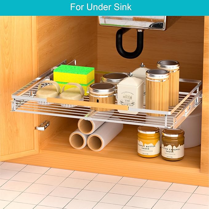 iPEGTOP 2 Pack Pull Out Cabinet Drawer Shelf Organizer, Extendable Sliding Slide Out Pantry Shelves Storage Heavy Duty for Kitchen Cabinets Under Sink, Adjustable Width 23.1~39.9" W x 22.4" D