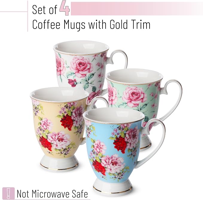 BTaT- Large Coffee Mugs, 12 oz, Set of 4, Floral Mugs for Coffee Cups Set, Porcelain Bone China, Tea Mug,