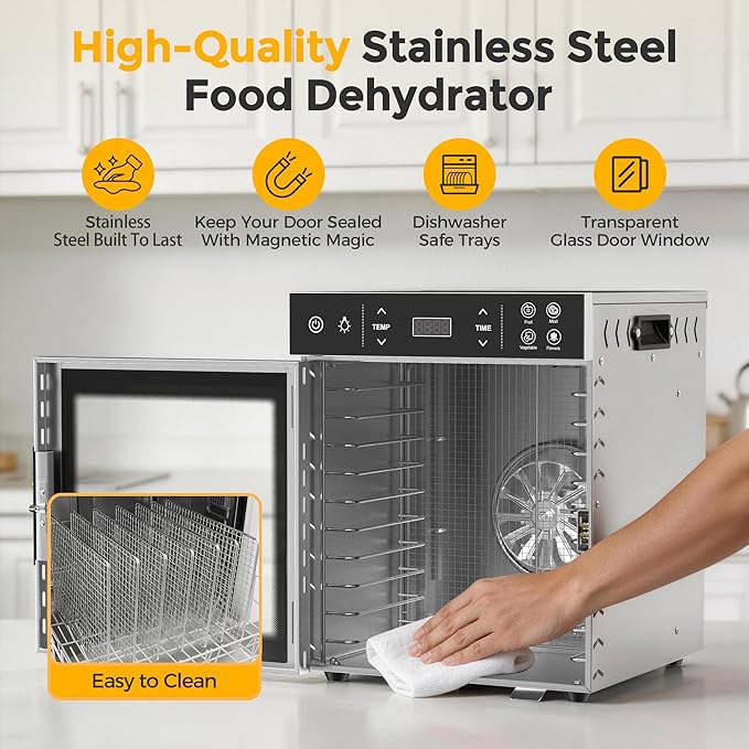 Suteck Food Dehydrator with 10 Stainless Steel Trays, 400W Dehydrator Machine with Dual Fans & 360° Airflow, Digital Temp & Time Control with 4 Presets, Quiet Food Dryer for Jerky, Fruit, Flower, Meat