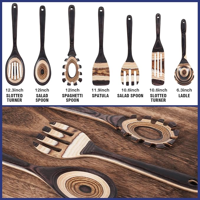 MYRAINBOW Wooden Spoons for Cooking, 7 Piece Pakkawood Kitchen Utensils Set with Spatulas, Spoons, Ladles, and Turner for Mixing, Serving & Cooking