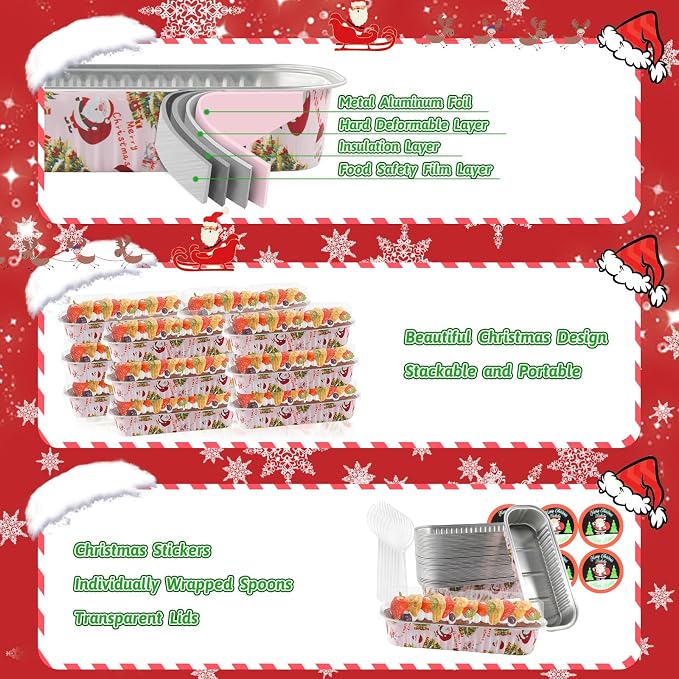 50Pack Pink Christmas Mini Loaf Pans with Lids Mini Cake Pans with Lids and Spoons, 6.8Oz Aluminum Foil Pans Tins, Individual Dessert Cups Containers for Sales,Party,Picnics