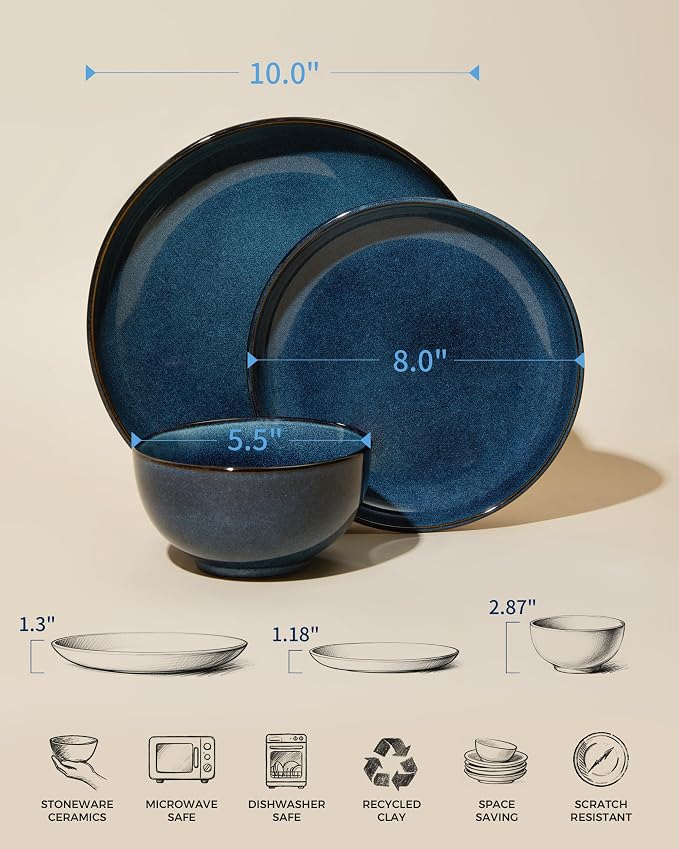 Pokini Stoneware Dinnerware Sets Service for 4, 12 pcs Reactive Glaze Plates and Bowls Sets, Handmade Ceramic Dish Set, Highly Chip and Crack Resistant Modern Plate Set, Starry Blue
